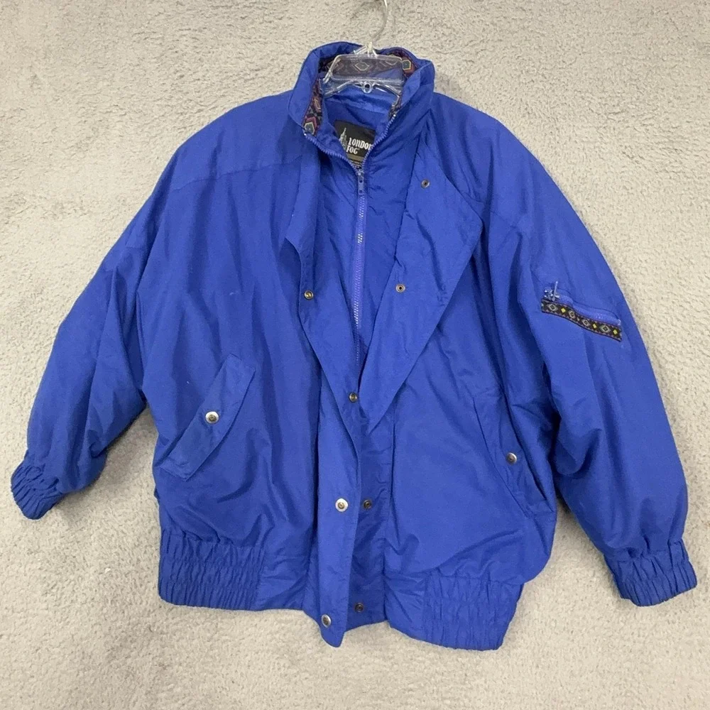 Vintage London Fog Jacket Mens Large Blue Nylon Aztec Insulated Bomber 90s